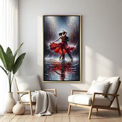 Luxury rainy dance canvas artwork in golden floater frame featuring romantic couple and modern artistic scenery