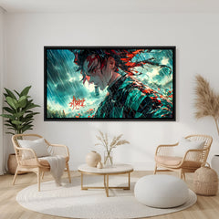 Tanjiro crying in rainy weather anime artwork in elegant black floater frame with emotional character portrait