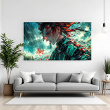 Tanjiro emotional anime canvas wall art standing in rain with tears and dramatic cinematic atmosphere