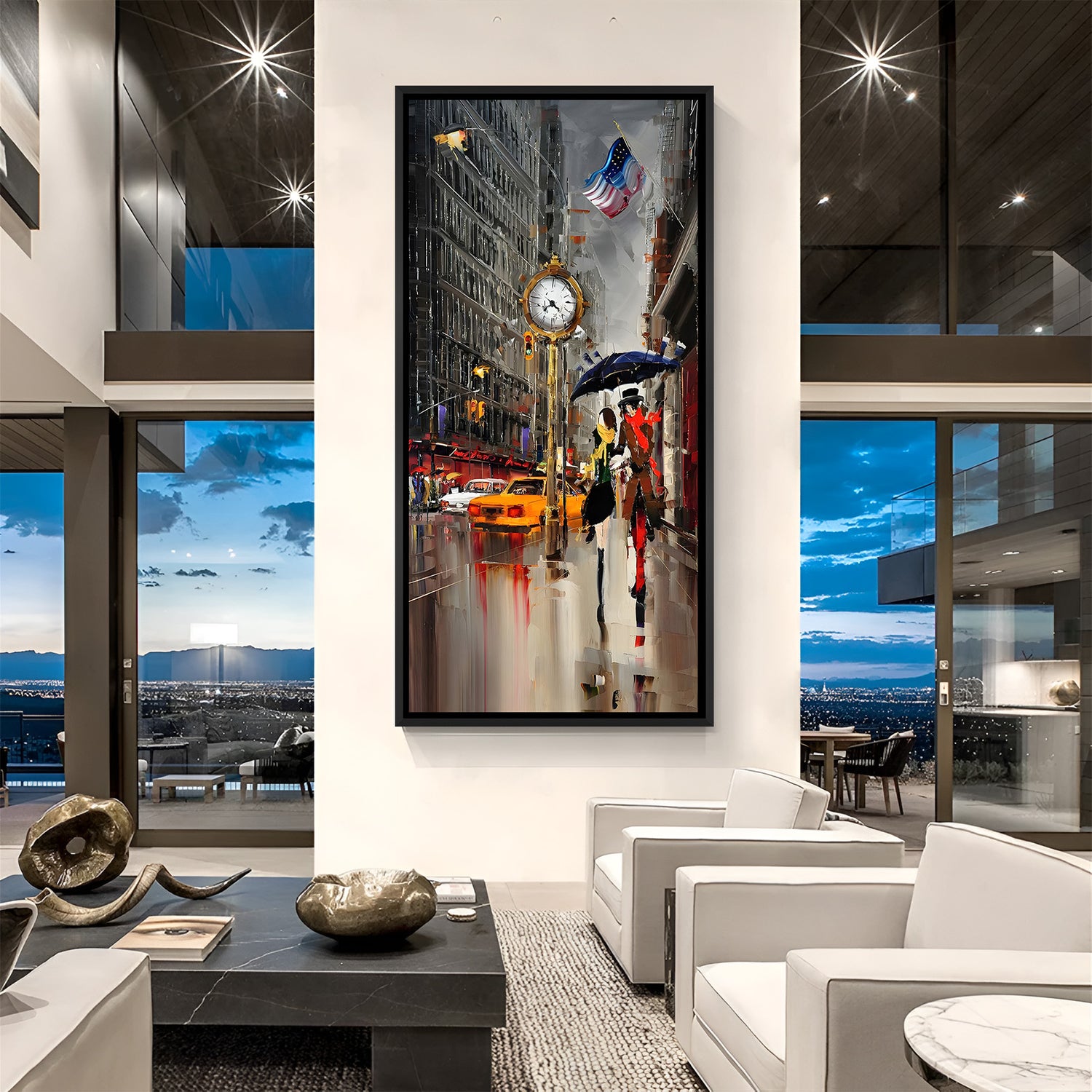 Modern rainy city couple artwork in black floater frame with glowing reflections and romantic urban scenery