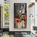 Rainy city stroll modern art canvas wall painting with couple walking under umbrella in premium canvas wrapped frame