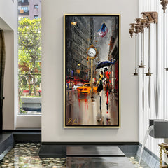Luxury rainy city canvas artwork in golden floater frame featuring couple walking with umbrella in modern cityscape