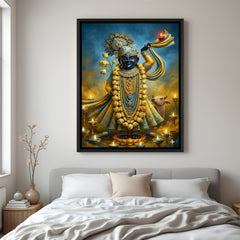 Divine Shrinathji artwork with golden ornaments and lamps in elegant black floater frame