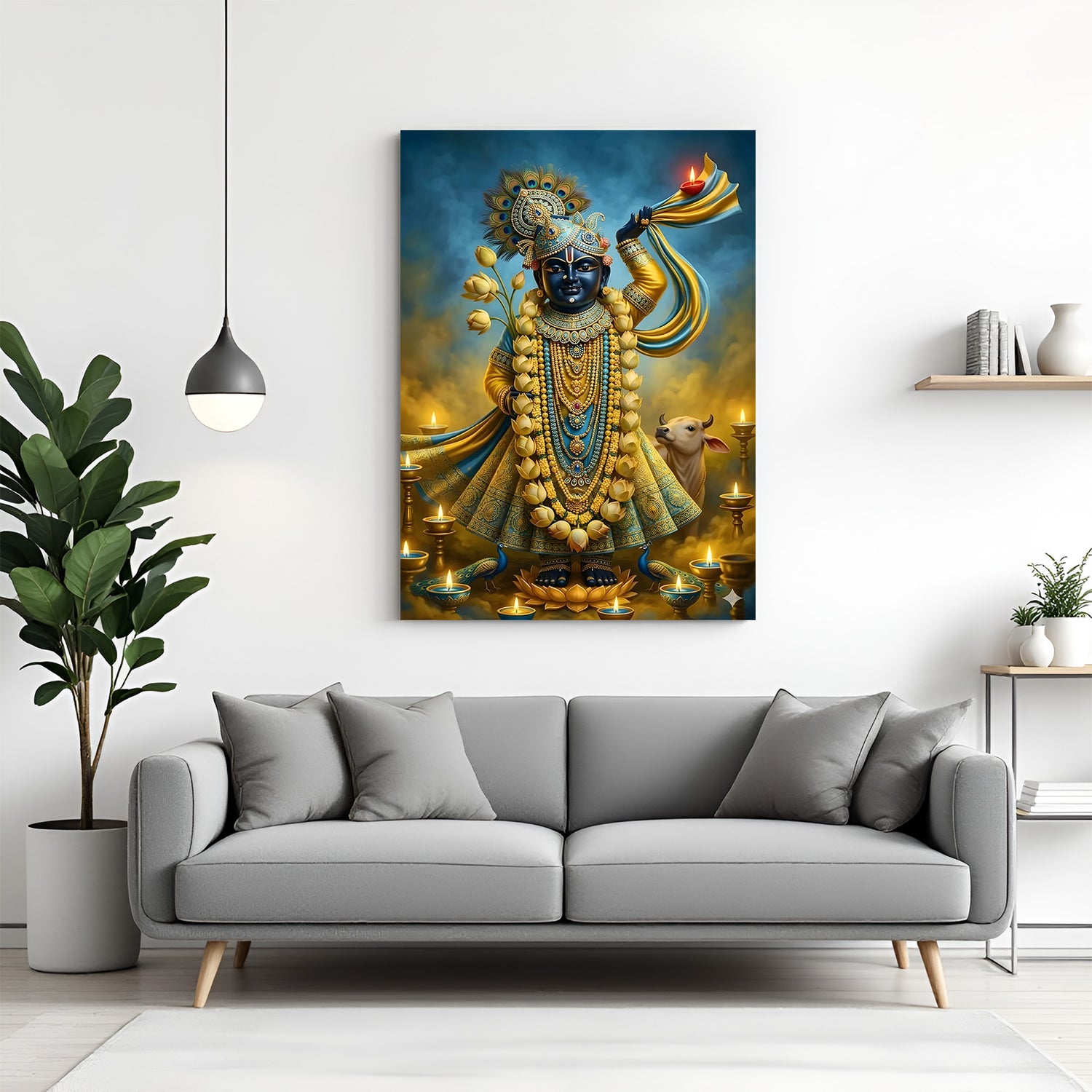 Shrinathji canvas wall art adorned with golden jewelry and glowing lamps in premium canvas wrapped frame
