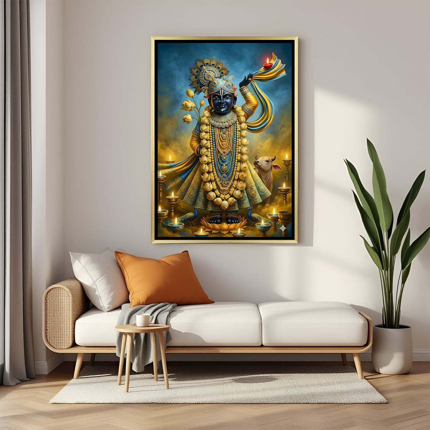 Shrinathji devotional canvas art with intricate jewelry and glowing lamps in luxurious golden floater frame
