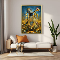 Shrinathji devotional canvas art with intricate jewelry and glowing lamps in luxurious golden floater frame