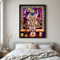 Royal Shreenathji painting with jewel-inspired detailing in elegant black floater frame