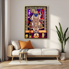 Traditional Shreenathji canvas painting with gold and purple colors in luxurious golden floater frame