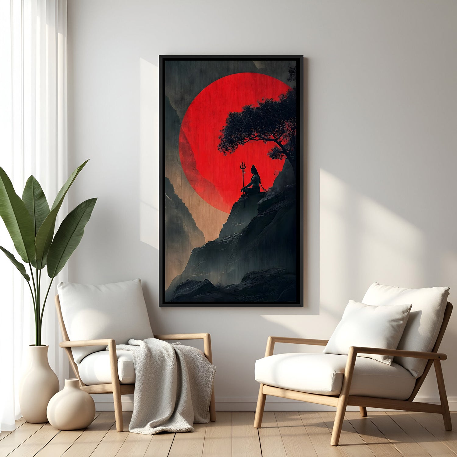 Meditating Mahadev silhouette on cliff with red moon backdrop in elegant black floater frame