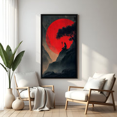 Meditating Mahadev silhouette on cliff with red moon backdrop in elegant black floater frame