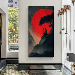 Lord Shiva meditating on rocky cliff against glowing red moon silhouette canvas wall art in premium canvas wrapped frame