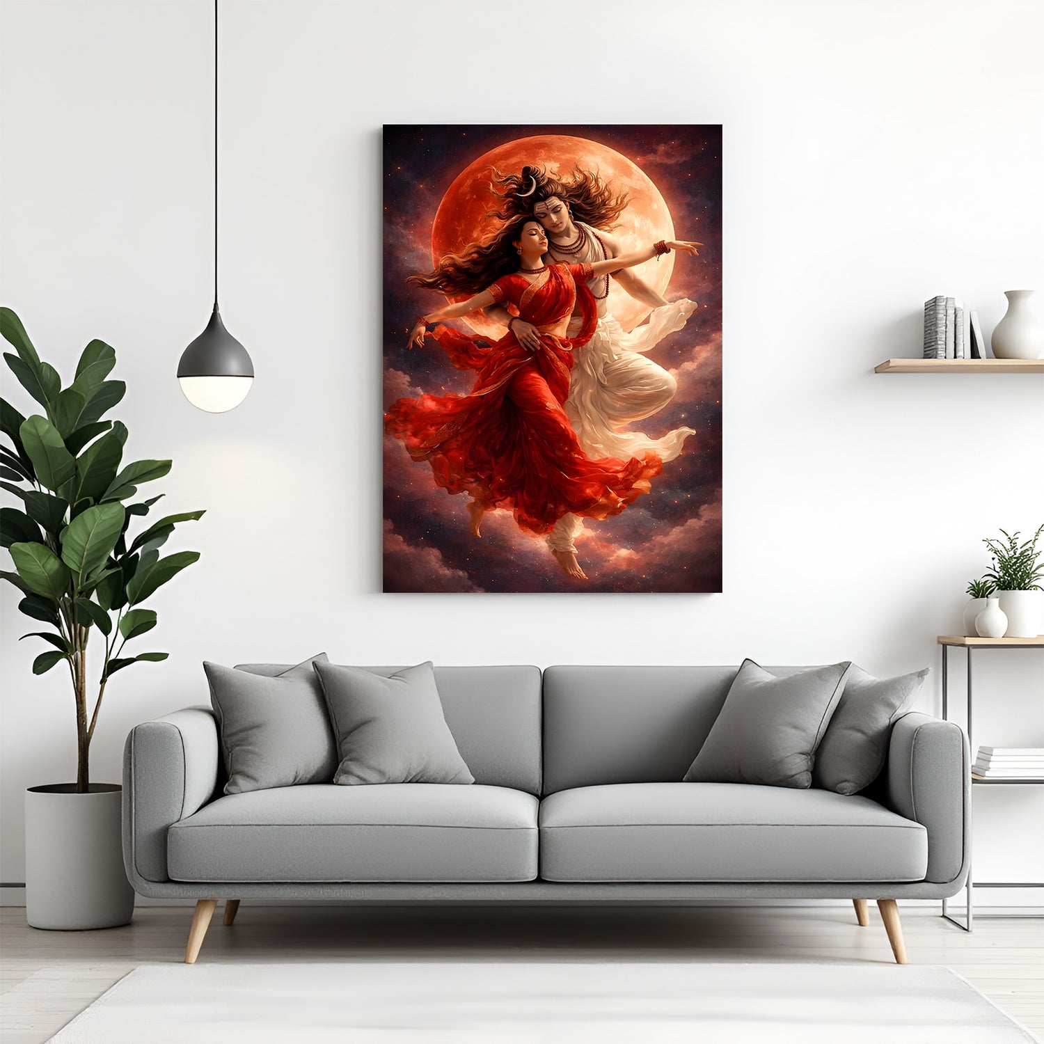 Lord Shiva and Goddess Parvati Shiv Shakti eternal union against red moon canvas wall art in premium canvas wrapped frame