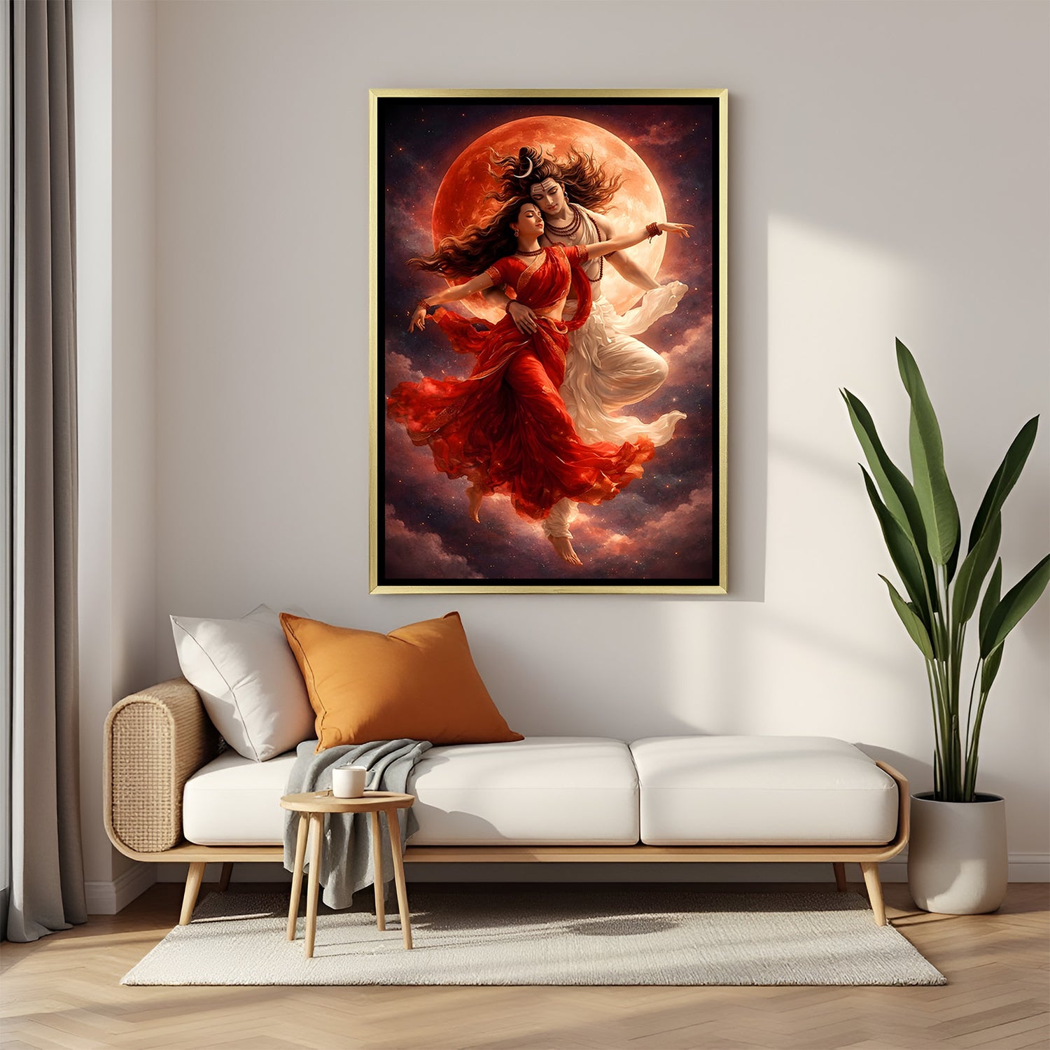 Divine Shiva Parvati canvas painting with dramatic red moon in luxurious golden floater frame