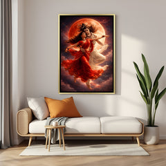 Divine Shiva Parvati canvas painting with dramatic red moon in luxurious golden floater frame