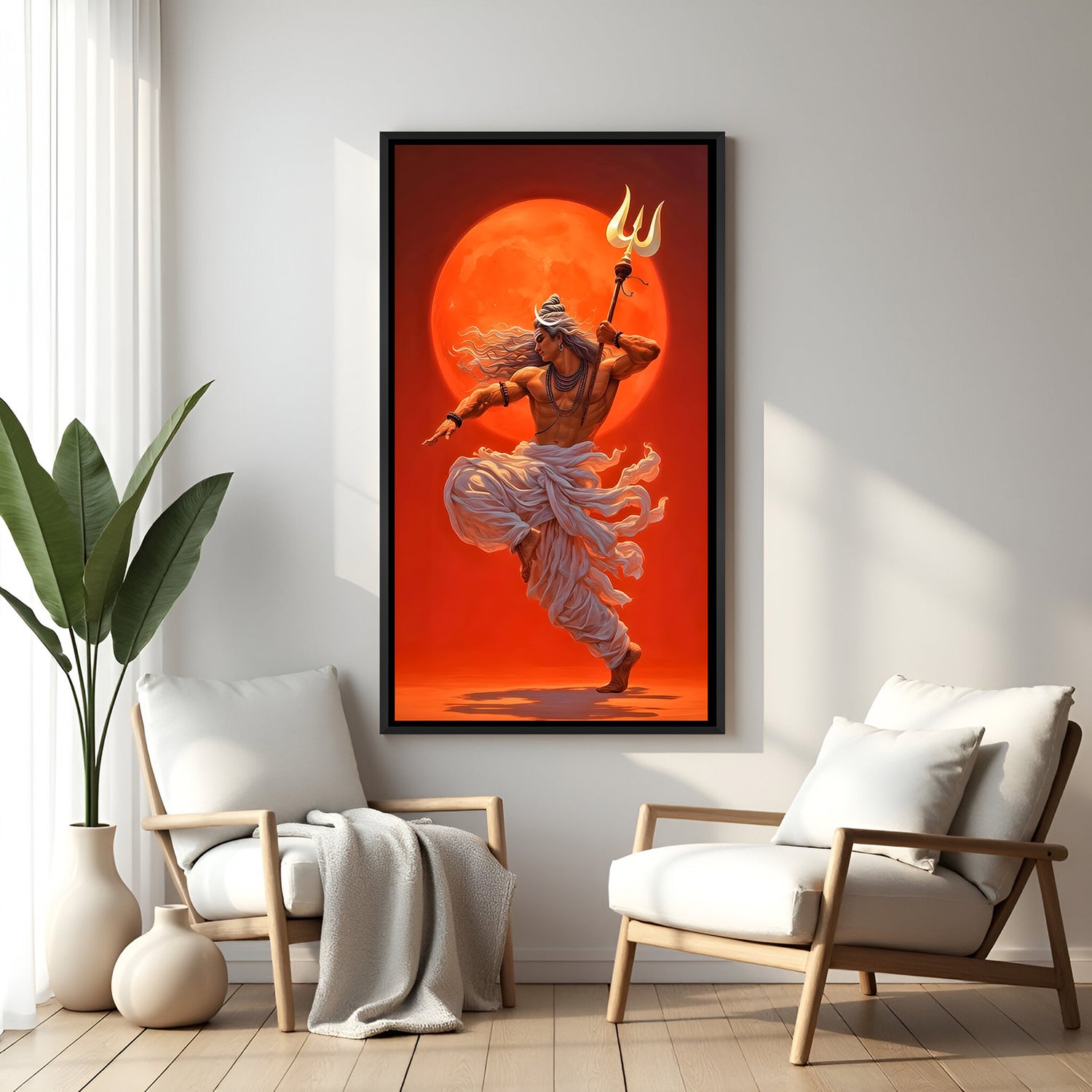 Dynamic Shiva Tandava artwork with a fiery red moon in elegant black floater frame