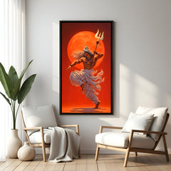 Dynamic Shiva Tandava artwork with a fiery red moon in elegant black floater frame