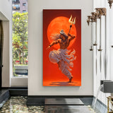 Lord Shiva in a cosmic dance pose against a fiery red moon canvas wall art in premium canvas wrapped frame