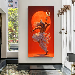 Lord Shiva in a cosmic dance pose against a fiery red moon canvas wall art in premium canvas wrapped frame