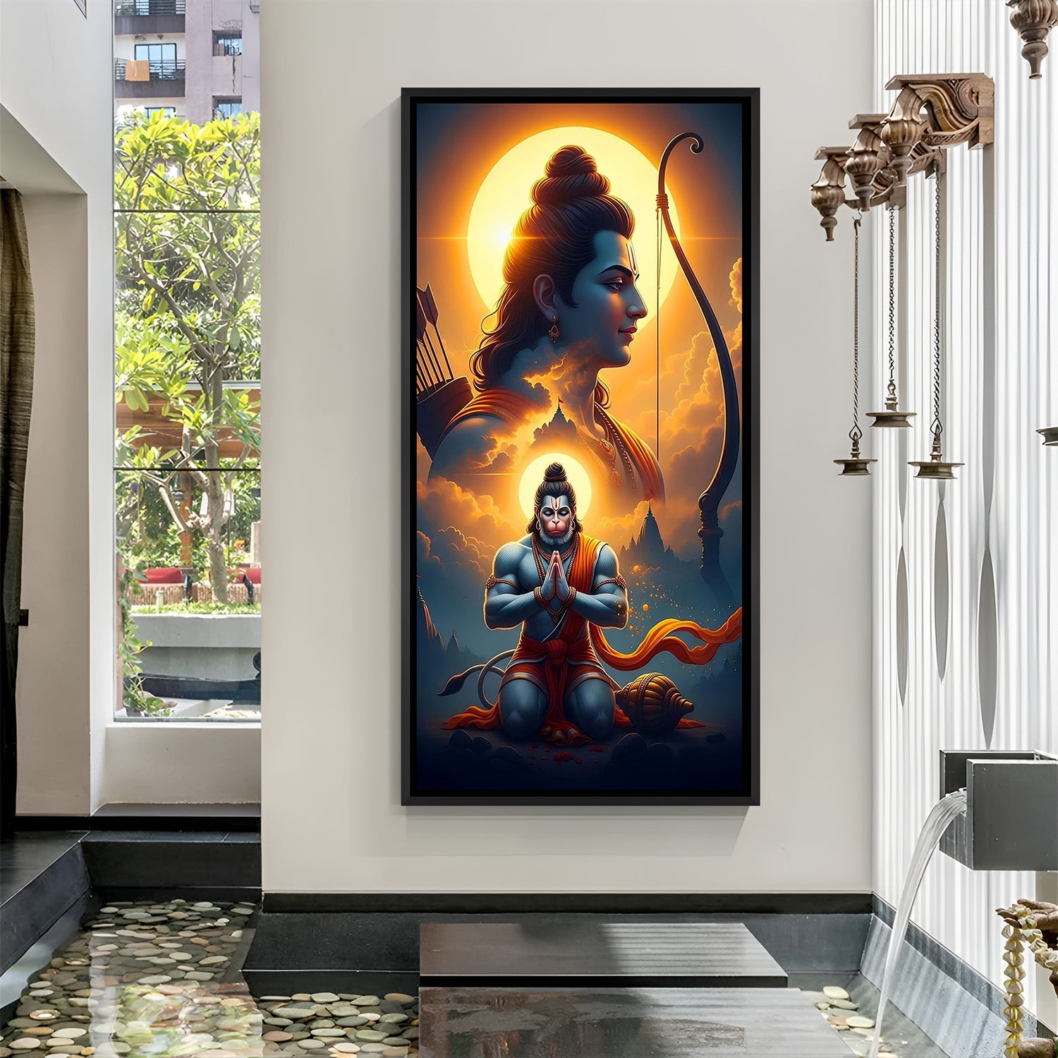 ram and hanuman devotional wall painting in black floater frame for living room temple room and vastu positive decor