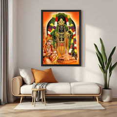 Ram Lalla and Hanuman ji painting in black floater frame with divine Indian artwork and spiritual strength for sacred vastu wall decor