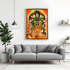 Ram Lalla with Hanuman ji canvas painting in golden floater frame for temple wall decor, vastu peace, and traditional Hindu spiritual energy