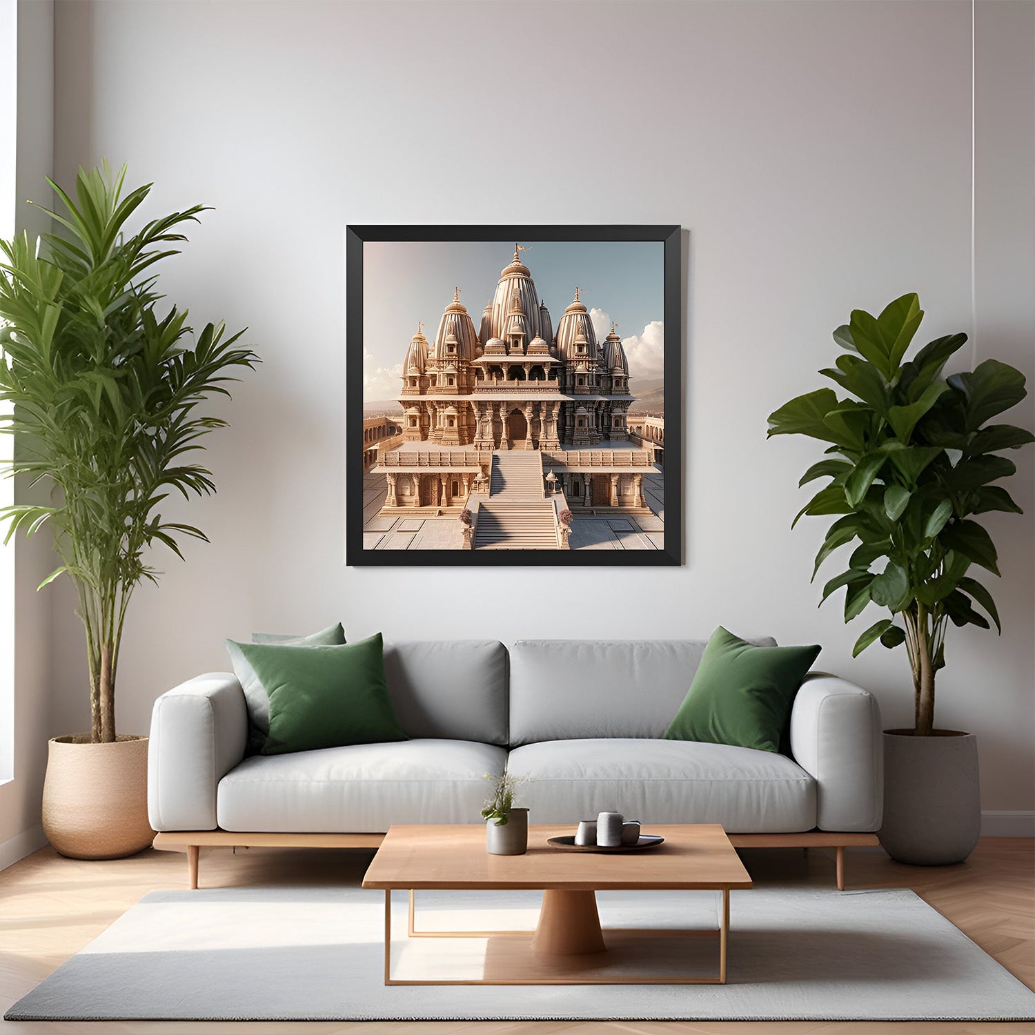 Black floater frame Ram Mandir canvas wall painting for home and office, ideal for Vastu decor and invoking divine blessings