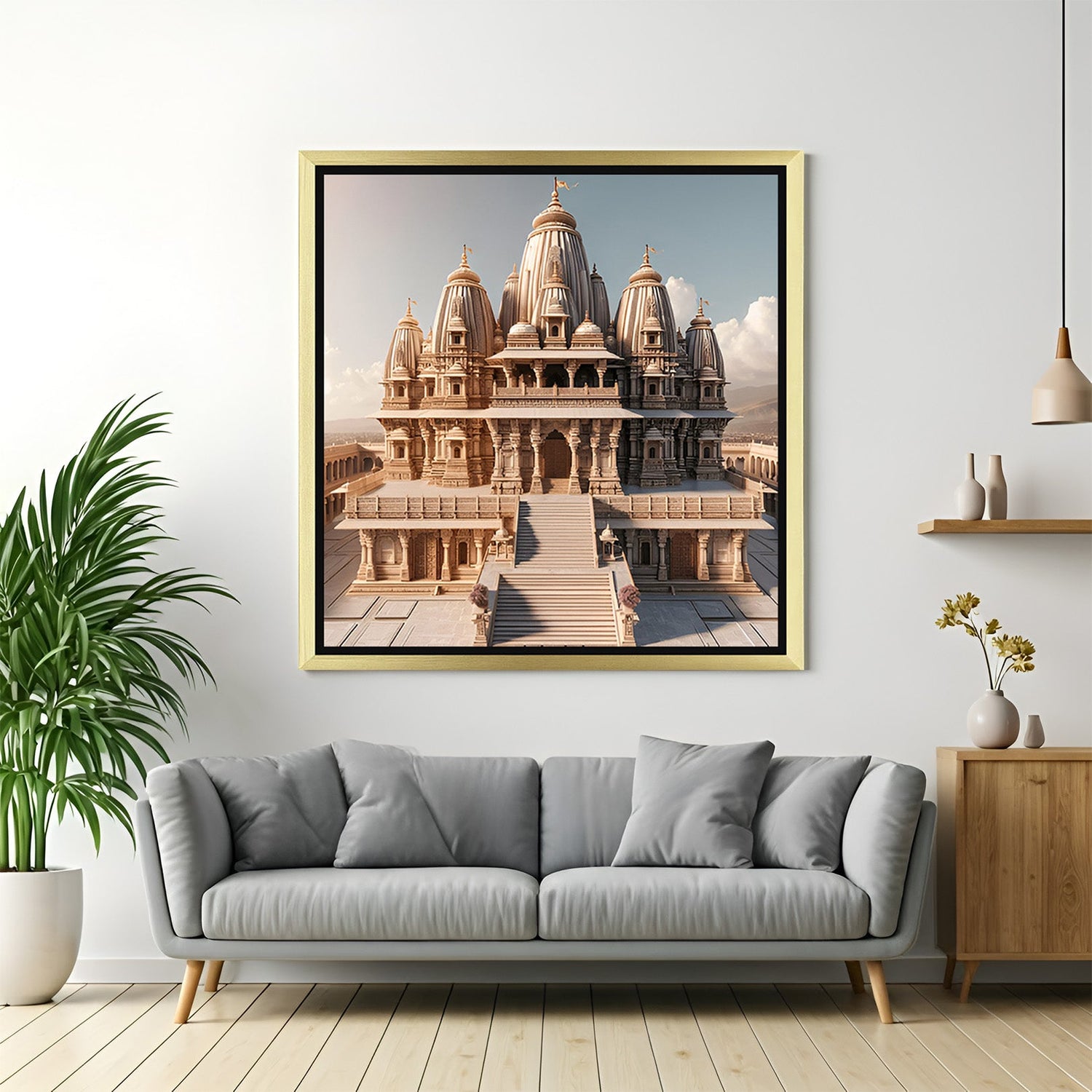 Golden floater frame Ram Mandir canvas wall art for Vastu-based home or office decor, radiating sacred energy and spiritual strength