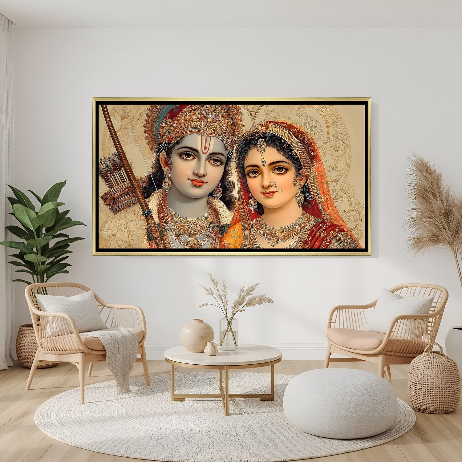 Elegant Shri Ram Sita wall art in gold frame with traditional ornamental background