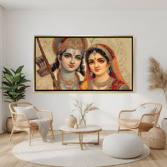 Elegant Shri Ram Sita wall art in gold frame with traditional ornamental background