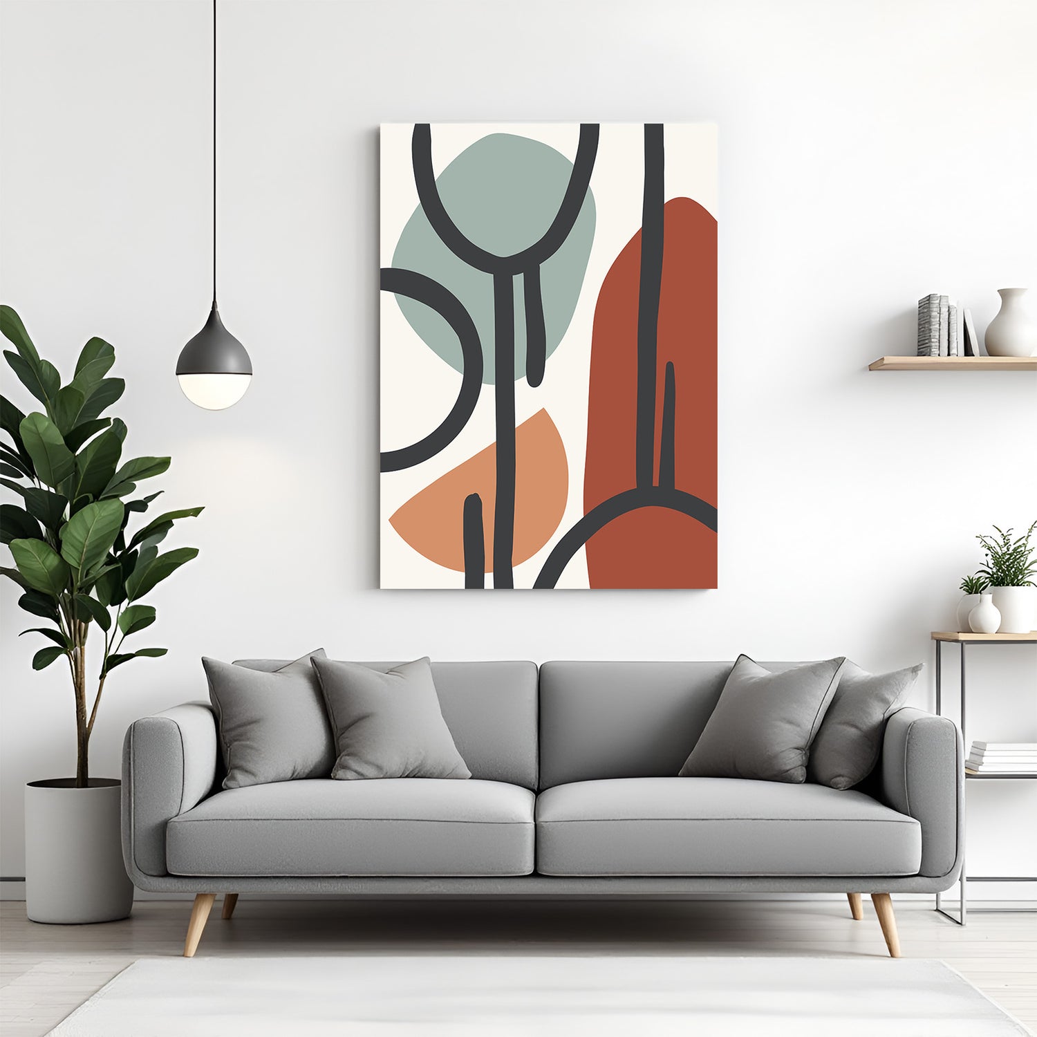 Minimal boho canvas with abstract shapes, color patches and black lines on white background