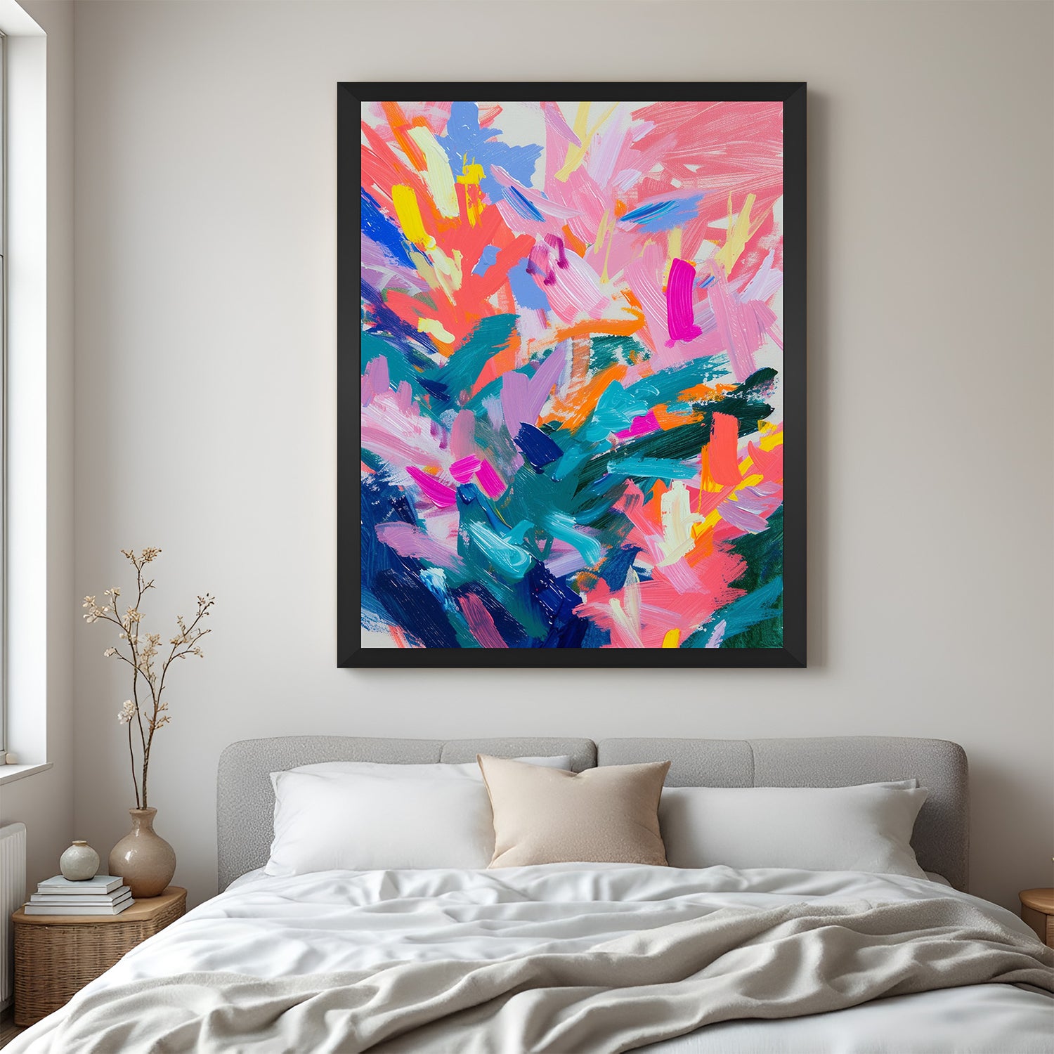 Black frame abstract canvas wall art – vibrant paint strokes and color splashes on modern artwork