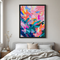Black frame abstract canvas wall art – vibrant paint strokes and color splashes on modern artwork