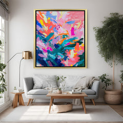 Golden frame abstract wall art – painted strokes in random colors on large canvas for stylish home decor