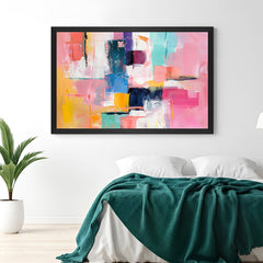Black floater framed canvas art with abstract random color strokes – bold and modern interior wall piece