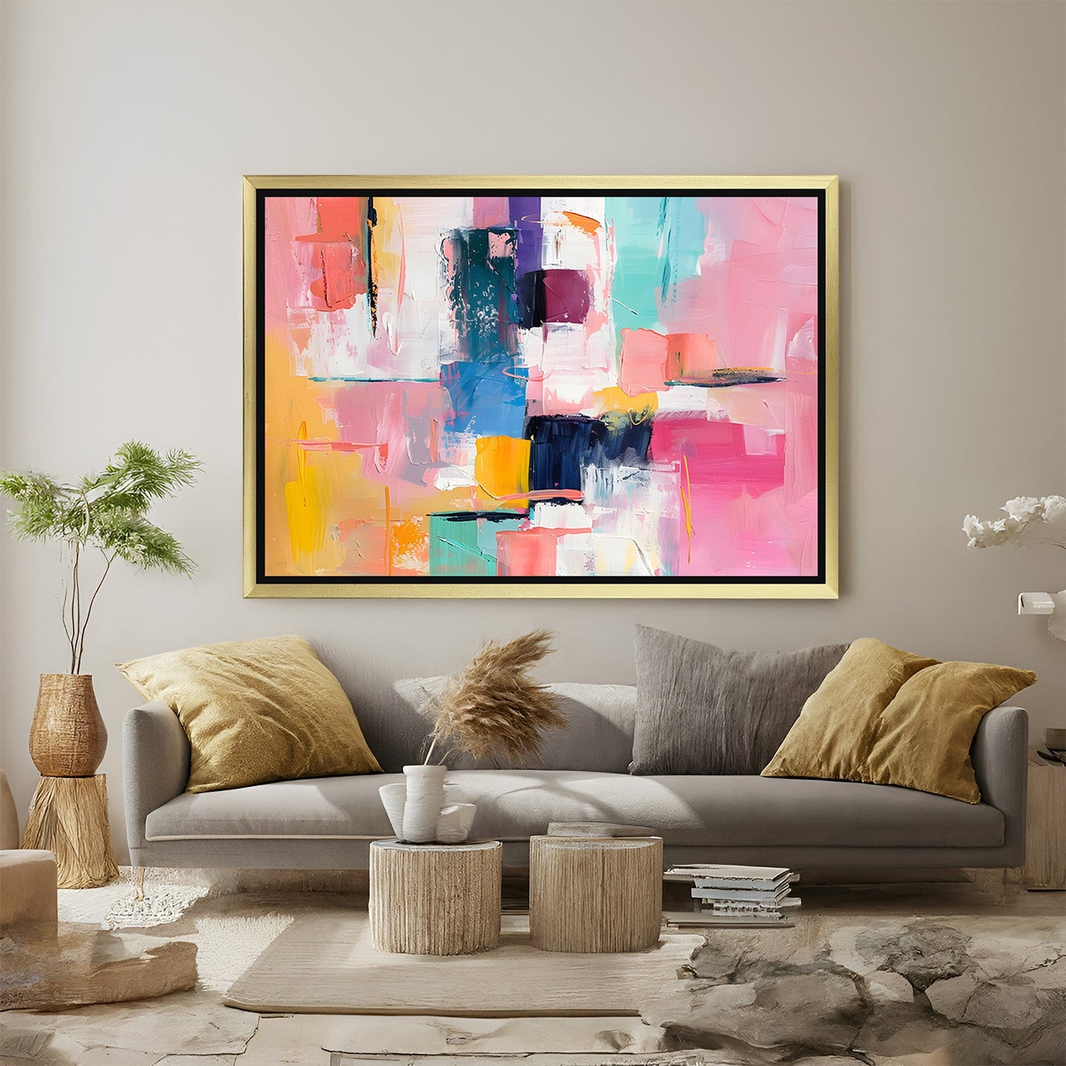 Golden frame canvas print with colorful abstract design – premium decorative art for stylish spaces
