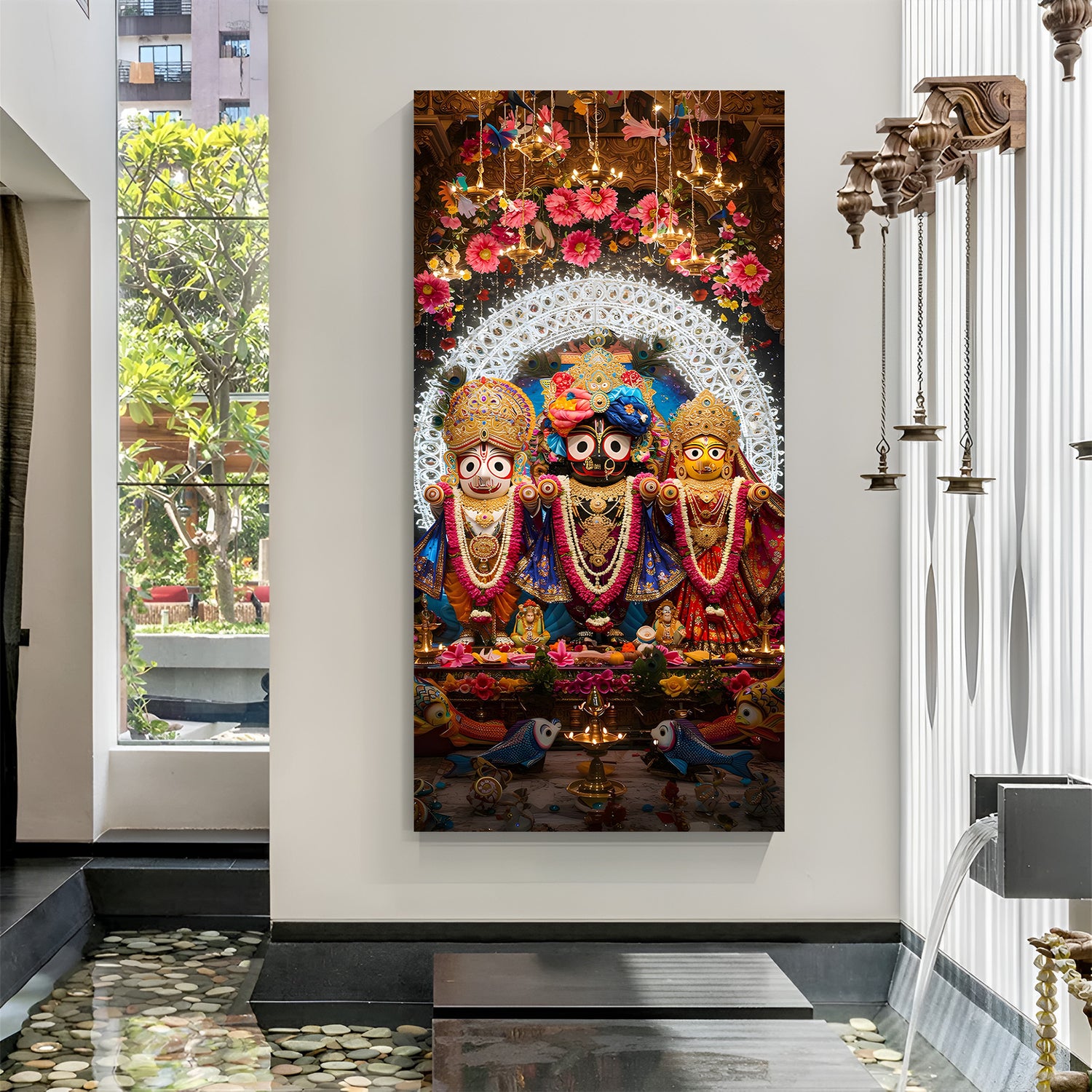 Vertical canvas wrapped Rath Yatra Jagannath temple wall art with floral decorations and hanging diyas.