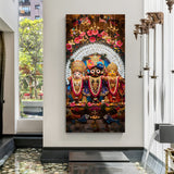 Vertical canvas wrapped Rath Yatra Jagannath temple wall art with floral decorations and hanging diyas.
