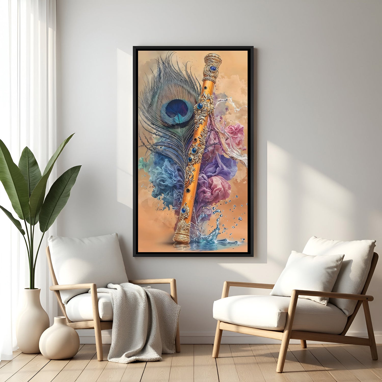 Stylized Krishna flute with blue gems and peacock feather in elegant black floater frame