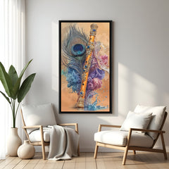 Stylized Krishna flute with blue gems and peacock feather in elegant black floater frame