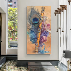 Golden bansuri adorned with blue gemstones and peacock feather in premium canvas wrapped frame