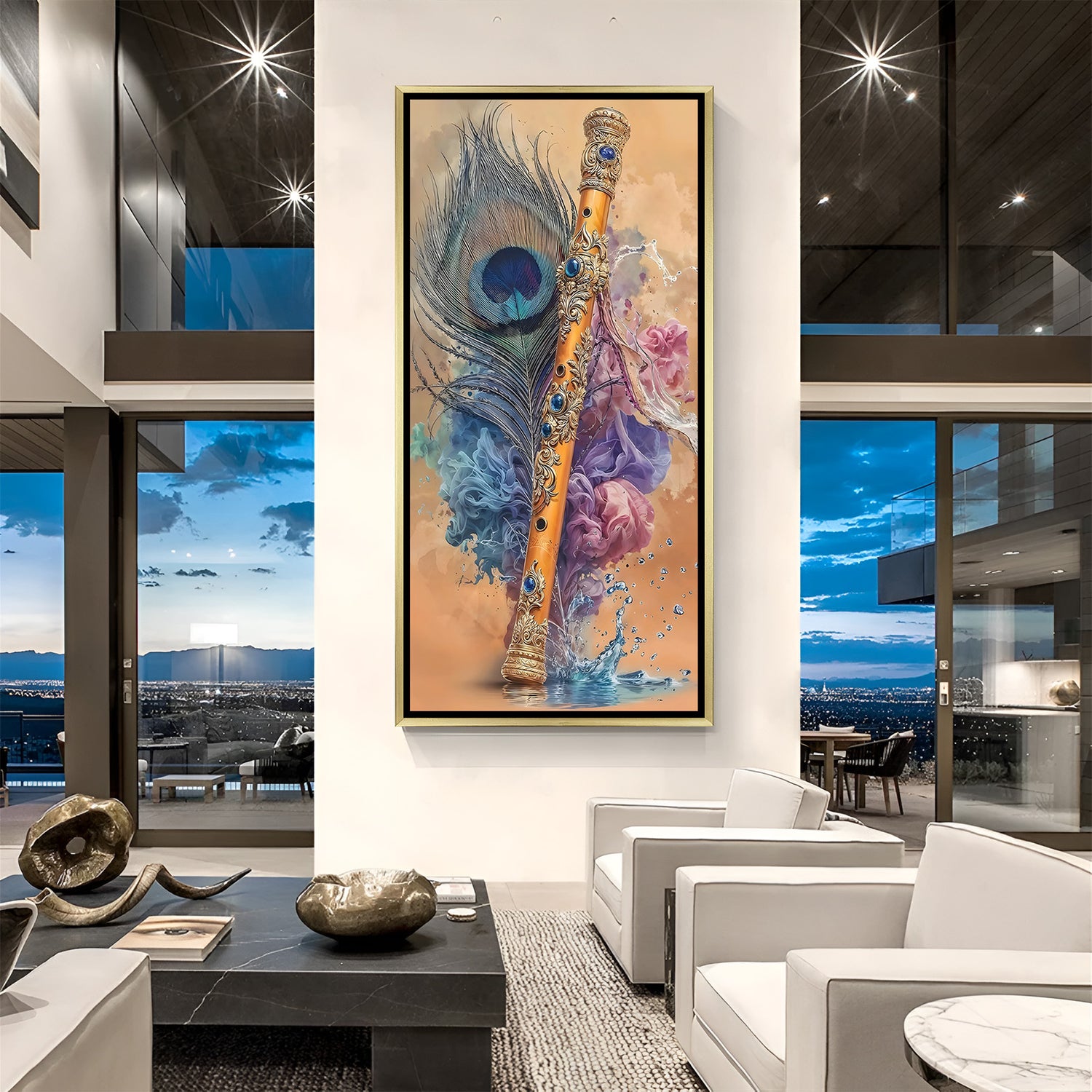 Luxurious golden bansuri canvas painting with intricate details and morpankh in golden floater frame
