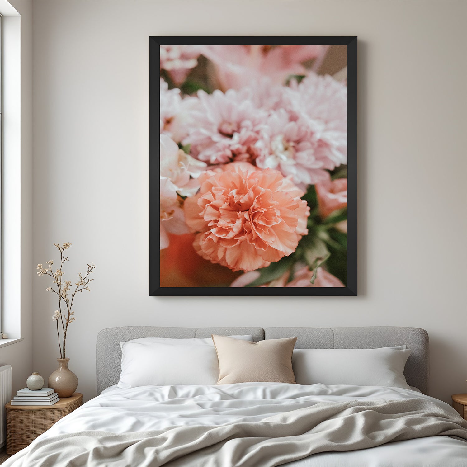 Framed canvas of realistic floral artwork with a black floater frame, perfect for modern and contemporary wall decor