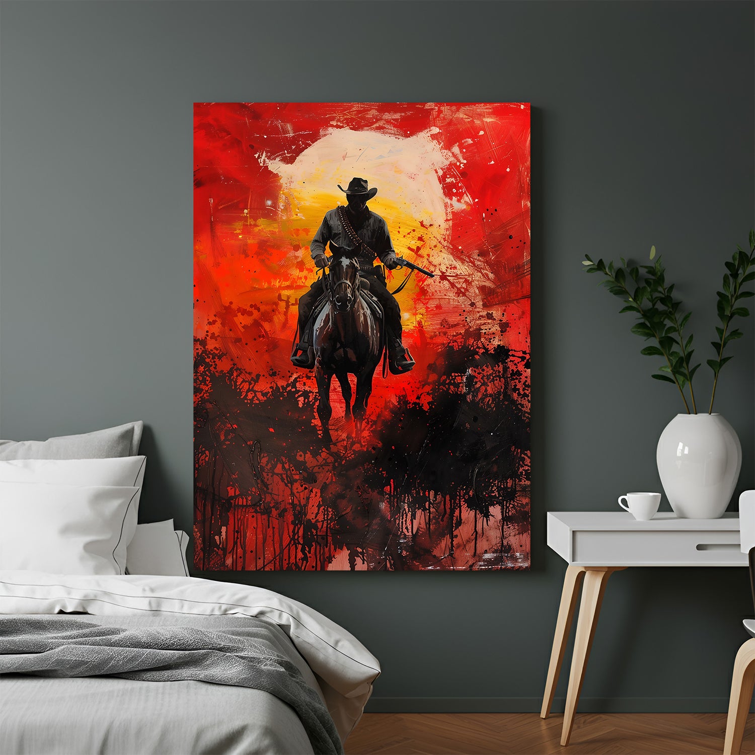 Poster-style canvas wall art inspired by Red Dead Redemption, featuring rugged western visuals, silhouettes, and bold color for dramatic modern decor