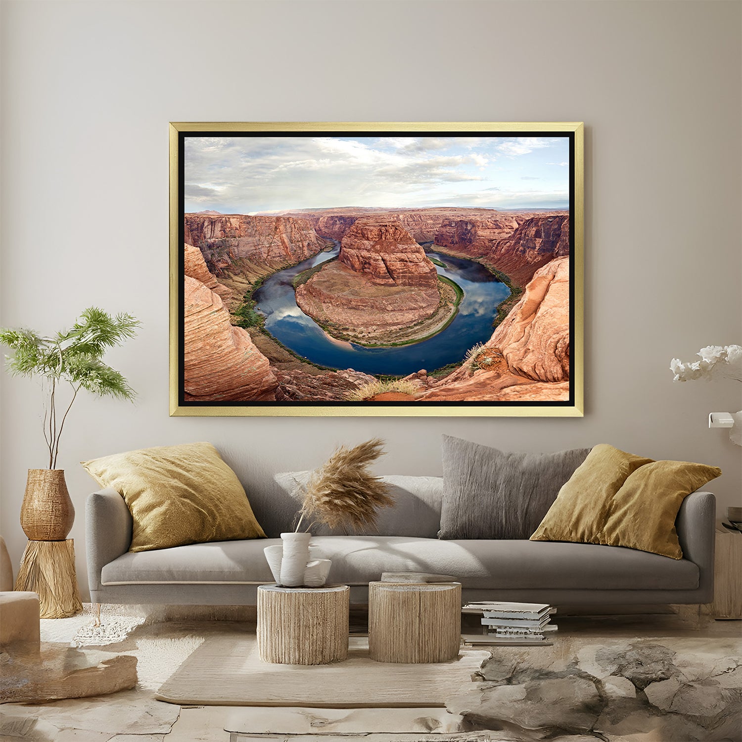 Reddish hill canvas art with a water-surrounded hill in the middle, framed in a golden floater for warm and luxurious natural wall decor