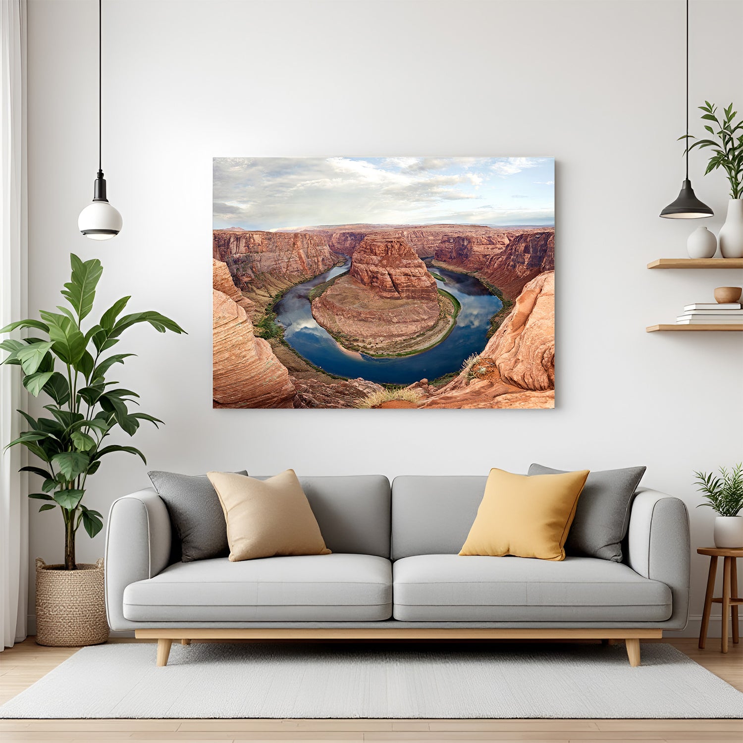 Scenery canvas wall art with red hills and a central hill surrounded by water, creating a dramatic and peaceful valley landscape for modern decor