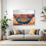 Scenery canvas wall art with red hills and a central hill surrounded by water, creating a dramatic and peaceful valley landscape for modern decor