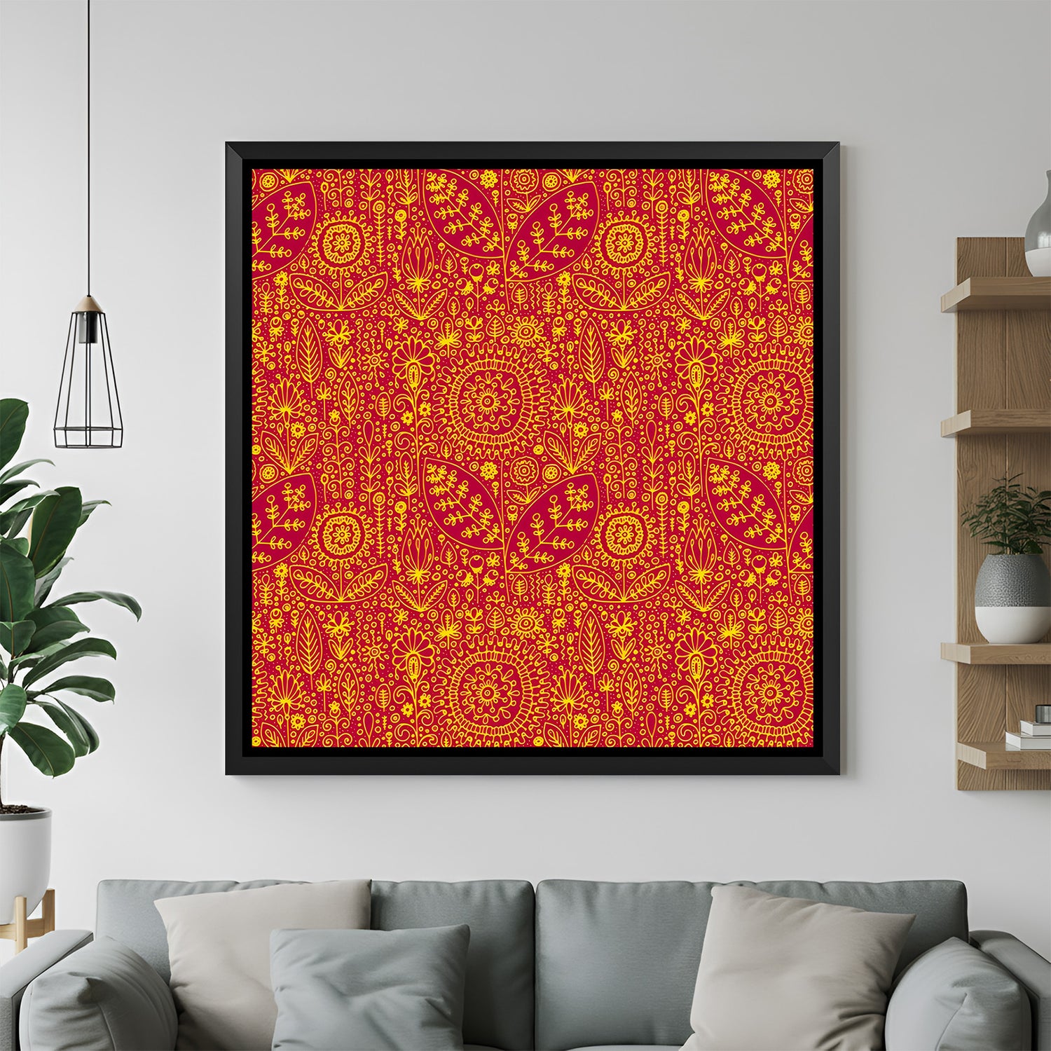 Reddish Kalamkari wall painting in elegant black floater frame for luxury ethnic interiors