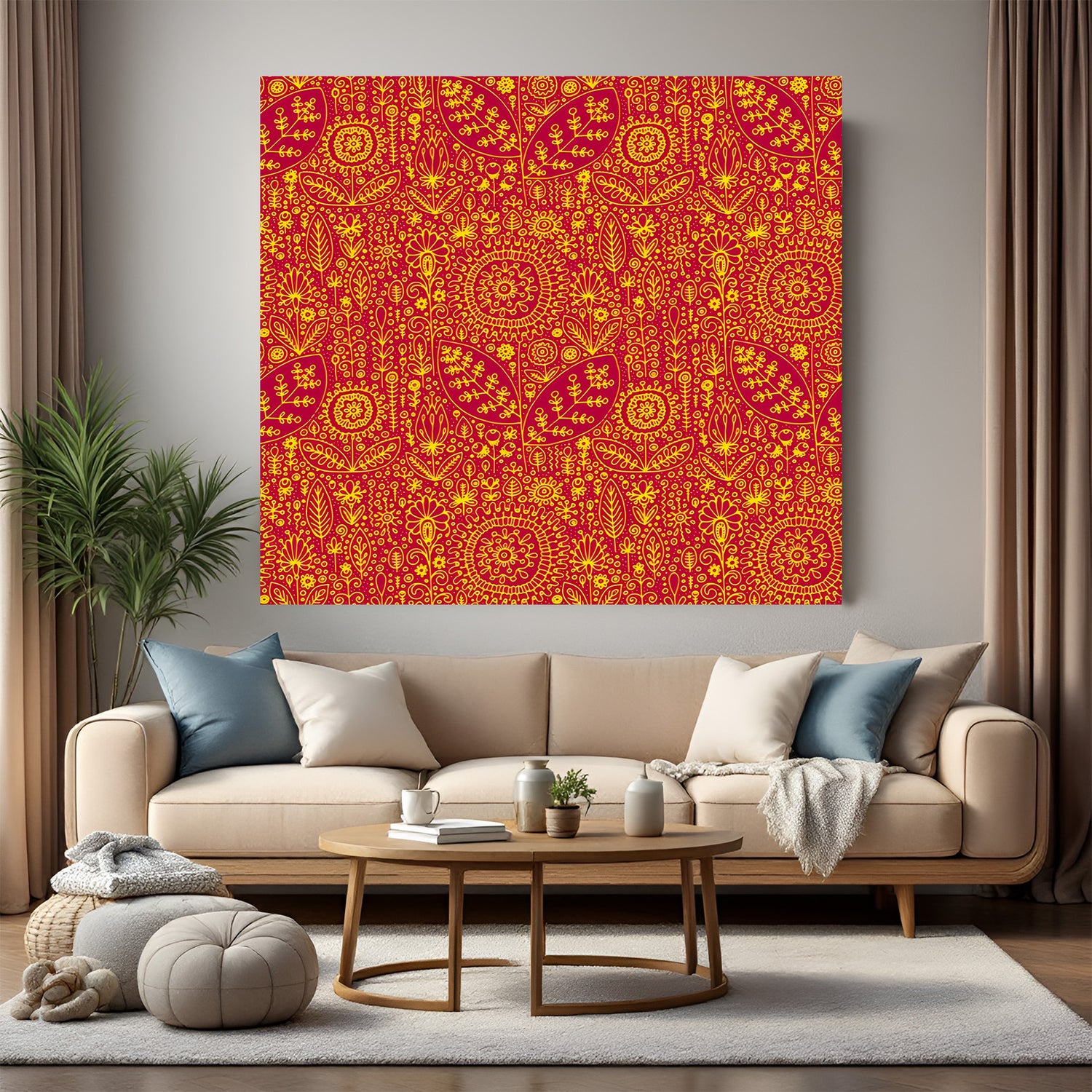 Reddish Kalamkari pattern canvas wall art in premium canvas wrapped frame with intricate traditional detailing