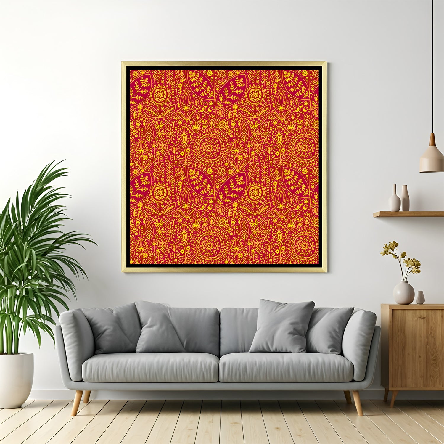 Luxury reddish Kalamkari pattern artwork in golden floater frame with handcrafted Indian motifs