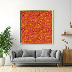 Luxury reddish Kalamkari pattern artwork in golden floater frame with handcrafted Indian motifs